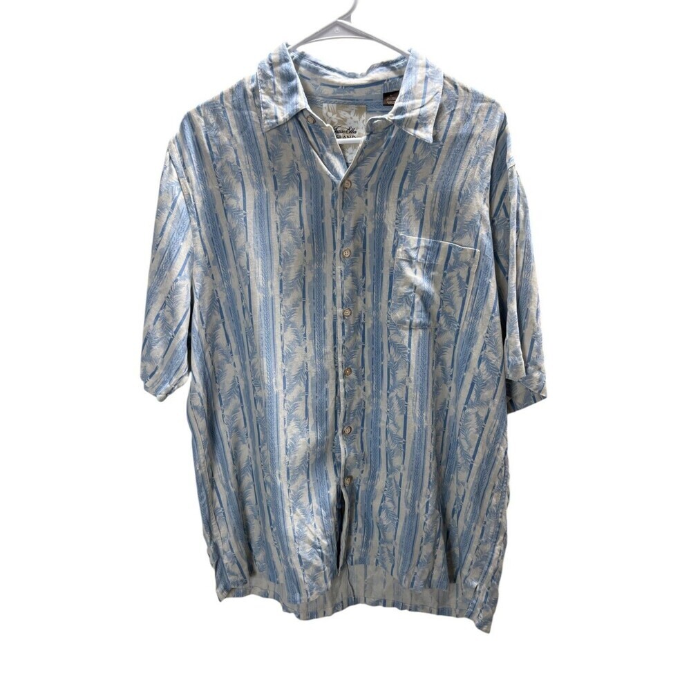 Tasso Ella Island Silk Linen Shirt Large Men's Size Blue Hawaiian Button Up